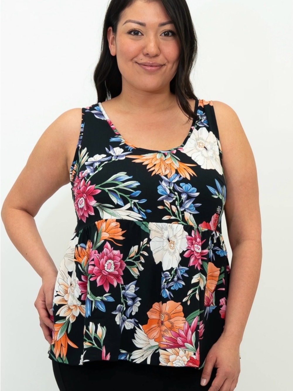 Floral Scoop Neck Sleeveless Top - Black Multi